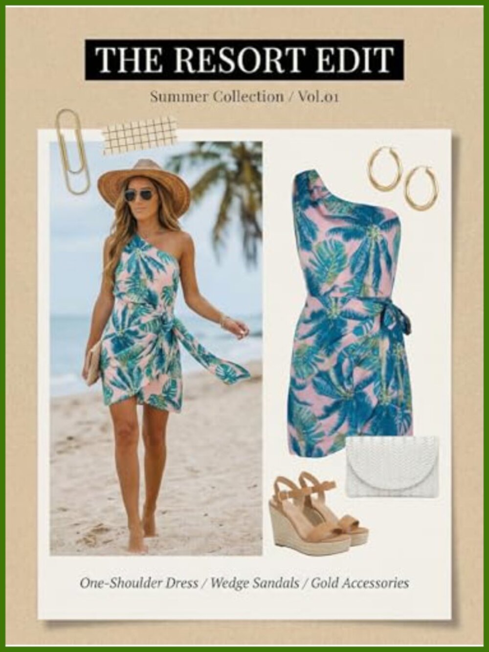 One Shoulder Tropical Leaf Print Mini Dress with Self-Tie Sash - Picture 5 of 6